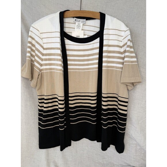Megan Lee Tops - Megan Lee Layered Cardigan Top Women's Size 18W White Black Tan Twofer One Top